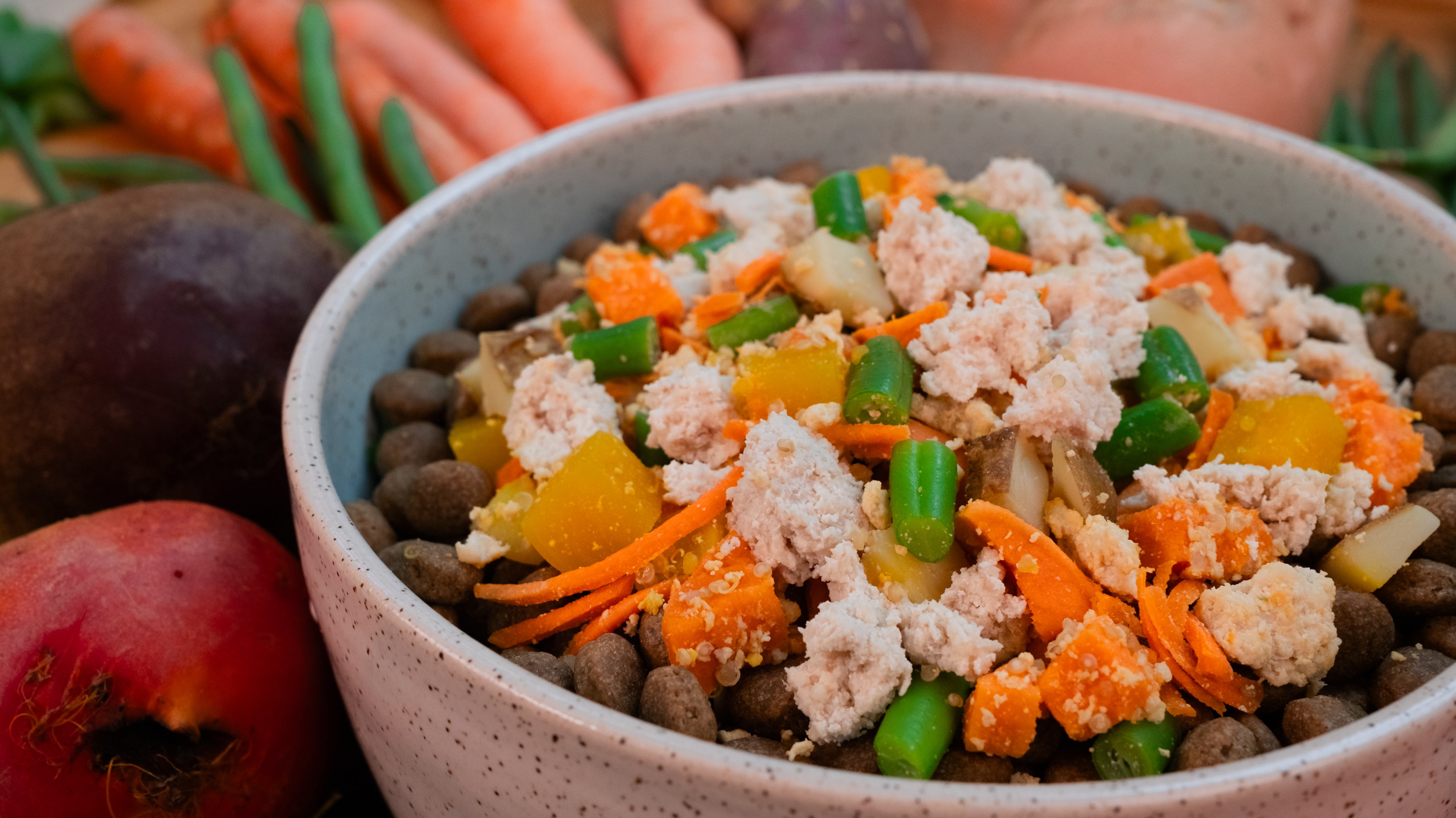 Bowl of pet food with ground chicken, carrots, green beans, and other ingredients, surrounded by fresh vegetables.