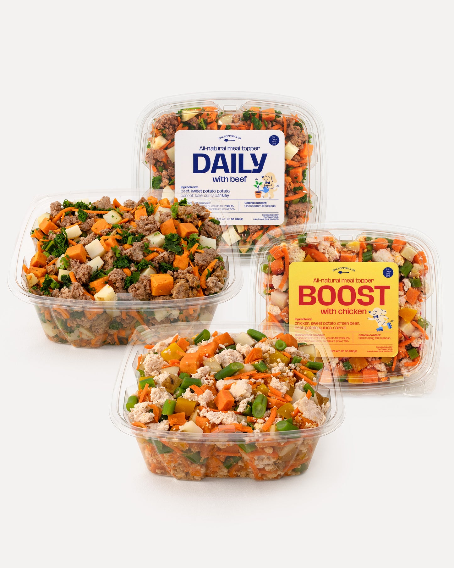 Four containers of fresh pet food with colorful labels on a white background